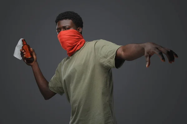 Shot Violent Rebel Man African Ethnic Bandana Molotov Cocktail — Stock Photo, Image