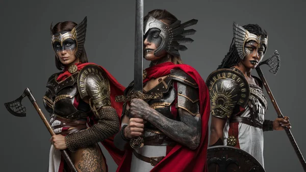 Studio Shot Ancient Amazons Cold Steel Dressed Armors Gray Background — Stock Photo, Image