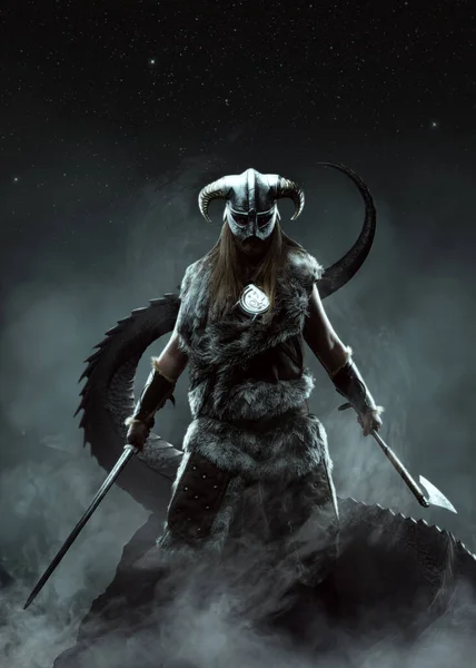 Art Barbaric Viking Fur Horned Helmet Mystic Tail Night Sky — Stock Photo, Image