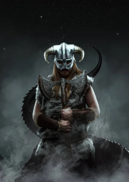 Kunst Van Mystieke Viking Uit Het Verleden Gekleed Bont Helm — Stockfoto