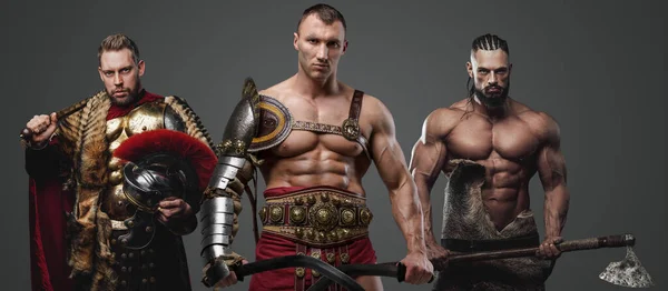 Shot Shirtless Gladiator Muscular Viking Greek Soldier Grey Background — Stock Photo, Image