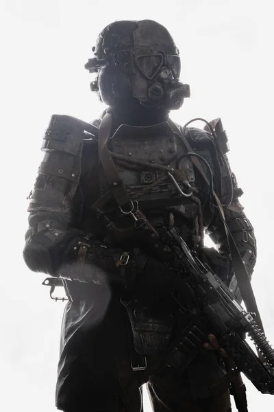 Shot Post Apocalyptic Survivor Rifle Dressed Military Uniform — Stock Photo, Image
