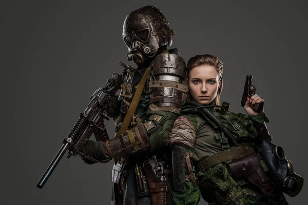 Studio Shot Two Female Male Soldiers Staying Back Back Pistol — Stock Photo, Image