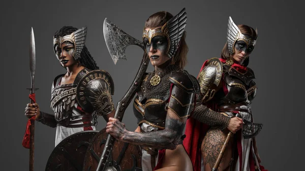 Portrait Majestic Amazons Dressed Armors Armed Spear Axes — Stock Photo, Image