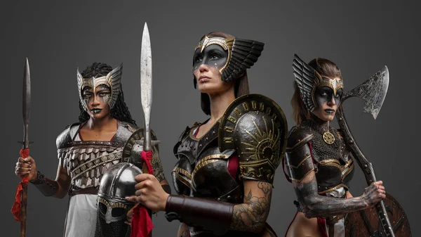 Portrait Three Attractive Female Warriors Dressed Iron Armors — Stock Photo, Image