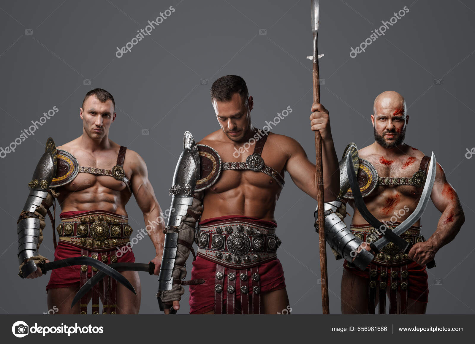 Retrato Tres Gladiadores Antigua Roma Mirando Juntos Cámara — Foto