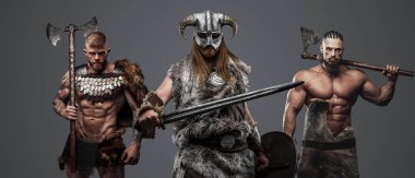 Kürk ve zırhlı balta ve kılıçlarla donatılmış kaslı Vikinglerin stüdyo fotoğrafı..