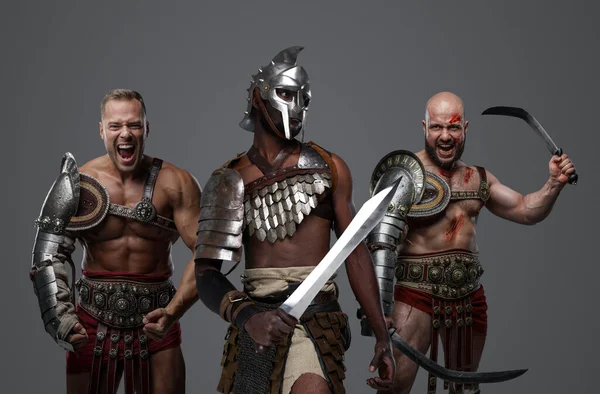 Schuss Multikultureller Gladiatoren Aus Dem Antiken Rom Vor Grauem Hintergrund — Stockfoto