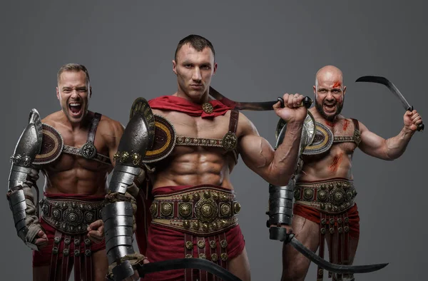 Shot Roman Gladiators Dressed Light Armour Screaming Camera — Stock Photo, Image