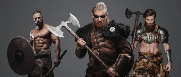 Ditembak Dari Kelompok Tiga Viking Mengenakan Bulu Dan Baju Besi — Stok Foto