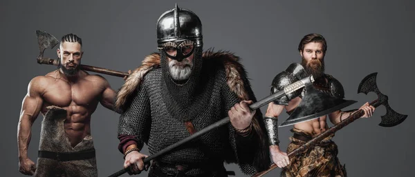 Studio Záběr Starého Muže Viking Dvěma Barbary Šedém Pozadí — Stock fotografie