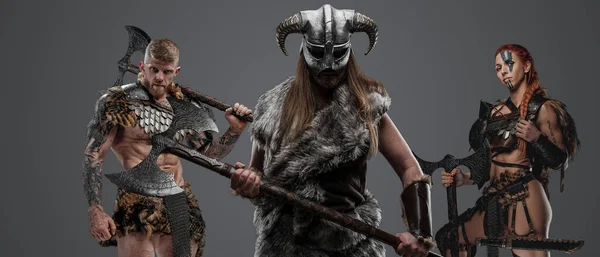 Tiro Aislado Sobre Fondo Gris Tres Vikingos Del Pasado Con —  Fotos de Stock
