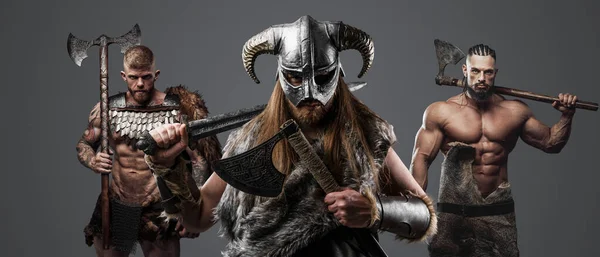 Shot Group Three Barbaric Vikings Armour Cold Steel — Stock Photo, Image