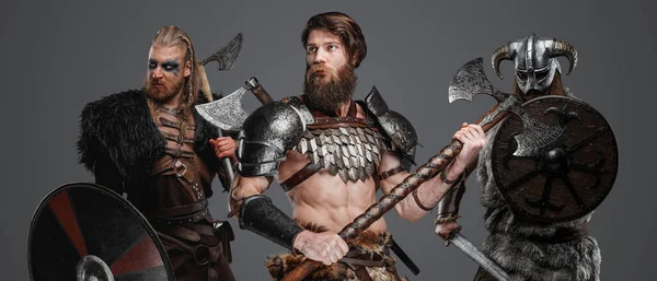 Shot Savage Vikings Antique North Axes Gray Background — Stock Photo, Image