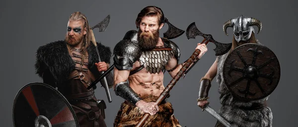 Shot Savage Vikings Antique North Axes Gray Background — Stock Photo, Image