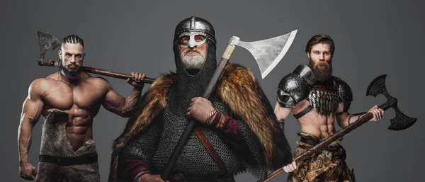 Estúdio Tiro Velho Viking Com Dois Bárbaros Contra Fundo Cinza — Fotografia de Stock