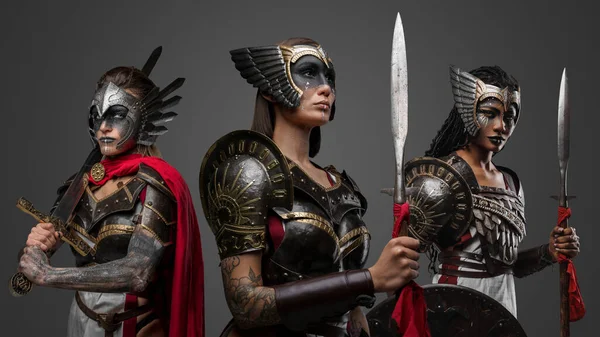Tiro Guerreiros Bárbaros Mulheres Com Lanças Espada Vestida Com Armaduras — Fotografia de Stock
