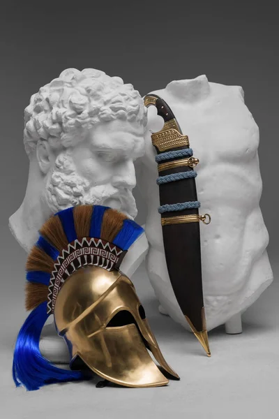 Studio Shot Bust Body Helmet Knife Ancient Greek Soldier — Stock Photo, Image