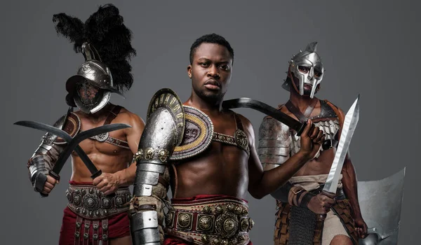 Portrait Handsome African Gladiator Paired Swords Two Comrades — Stock Photo, Image