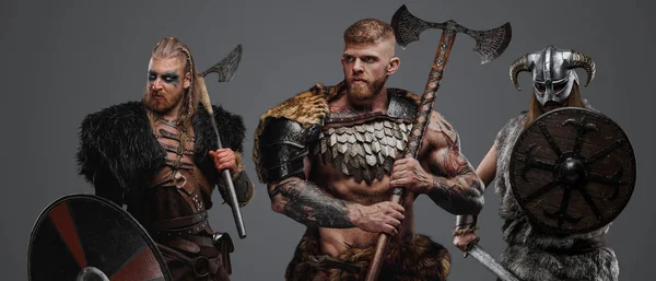 Studio Shot Isolated Grey Background Three Barbaric Vikings Axes — Stock Photo, Image