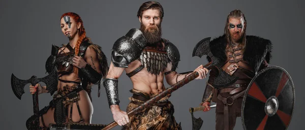 Studio Shot Nordic Warriors Armour Axes Looking Camera Together — Stock Photo, Image