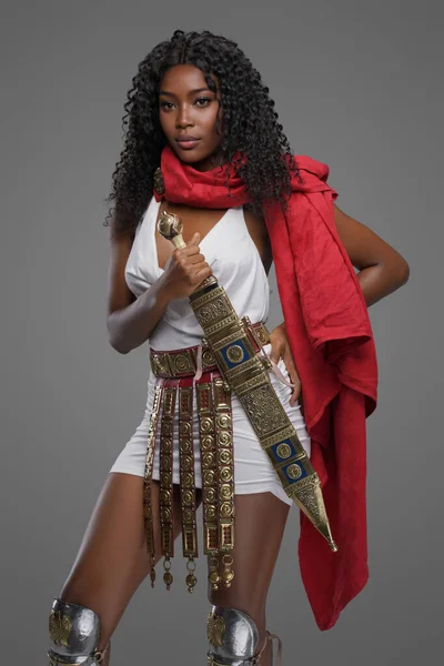 Exquisite Afro American Model White Tunic Beautiful Red Cape Ornate — Stock Photo, Image