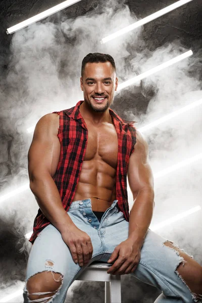Hot Shirtless Male Model Posing Ripped Jeans Plaid Shirt Wide — Stock Photo, Image