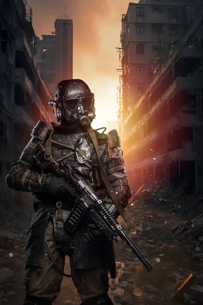 黙示録以降の世界では 核戦争で破壊された都市の廃墟の中に 独特の反核の鎧を着た兵士が概念的なライフルで立っている — ストック写真