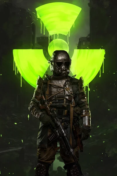 Soldier Stands Massive Green Nuclear Protection Sign Showcasing Dangers Aftermath — Stock Photo, Image