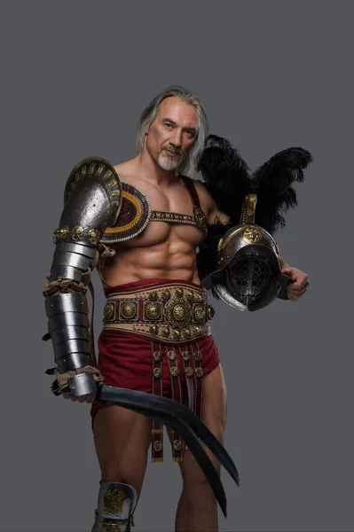 Imposing Gladiator Mature Age Stylish Silver Beard Flowing Grey Hair — Stock Photo, Image