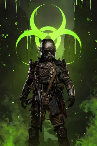 In a post-apocalyptic world, a soldier wearing unique anti-biological armor stands before a massive green biological hazard sign while holding a conceptual rifle
