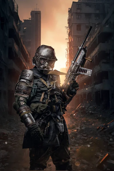 在世界末日后的世界里 一个身穿独特反核盔甲的士兵站在一座被核战争摧毁的城市的废墟中 手里拿着一支概念枪 — 图库照片