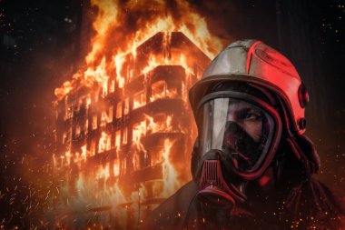 Korumalı kıyafetli ve oksijen maskeli cesur bir itfaiyeci yanan bir binanın önünde alevler ve kıvılcımlarla çevrili duruyor.
