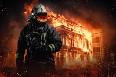 Korumalı kıyafetli ve oksijen maskeli cesur bir itfaiyeci yanan bir binanın önünde alevler ve kıvılcımlarla çevrili duruyor.