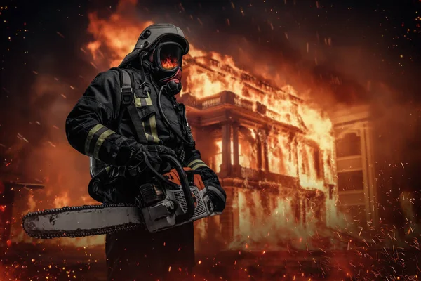 Een Moedige Brandweerman Beschermende Kleding Zuurstofmasker Staat Omgeven Door Vlammen — Stockfoto
