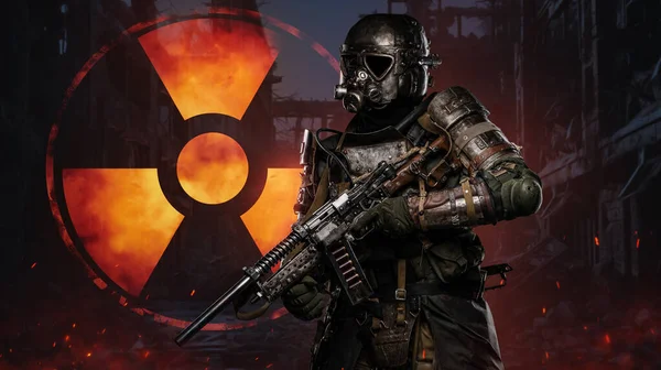 Post Apocalyptic Soldier Protected Unique Suit Stands Backdrop Nuclear Safety — Stock Photo, Image