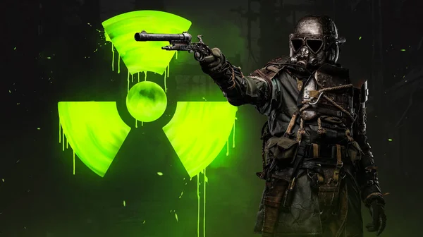 Soldier Stands Massive Green Nuclear Protection Sign Showcasing Dangers Aftermath — Stock Photo, Image