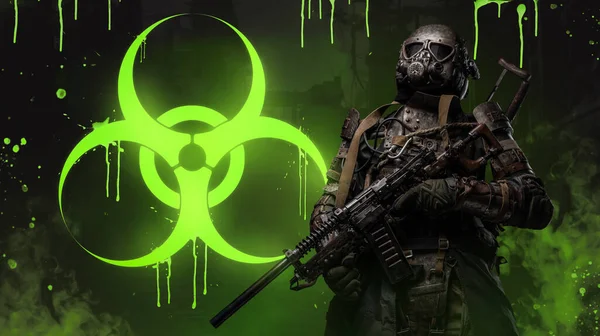 Post-apocalyptic soldier stands surrounded by toxicity, holding a conceptual rifle and unique anti-biological armor designed to protect against the dangers of a biologically toxic wasteland