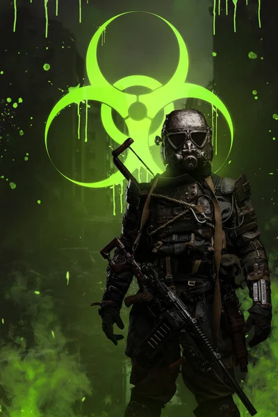 In a post-apocalyptic world, a soldier wearing unique anti-biological armor stands before a massive green biological hazard sign while holding a conceptual rifle