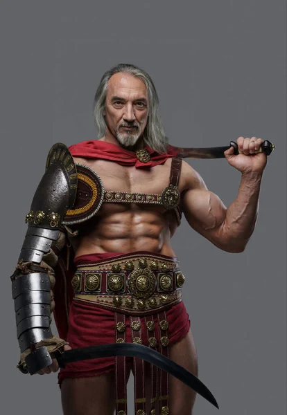 Distinguished Elder Gladiator Exudes Power Strength Elegant Lightweight Armor Wielding — Stock Photo, Image