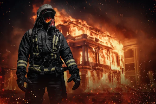 Een Moedige Brandweerman Beschermende Kleding Zuurstofmasker Staat Omgeven Door Vlammen — Stockfoto