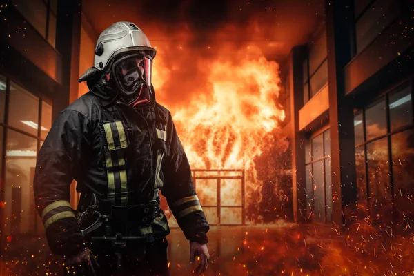 Striking bold and confident firefighter in full protective gear and oxygen mask, surrounded by fiery flames inside an office building. The image represents bravery and selflessness in face of danger
