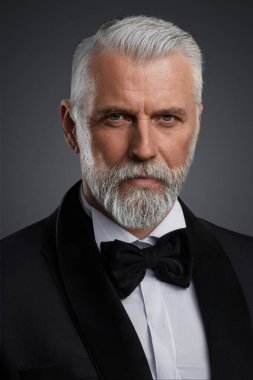 Seçkin yaşlı beyefendi bu fotoğrafa özgüven yayıyor. Sivri siyah takım elbise ve papyon takmış. Gri arka plan onun çarpıcı gri saçlarını ve kararlı duruşunu vurguluyor.