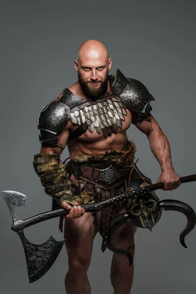 Bald Bearded Viking Lightweight Fur Lined Armor Holding Large Two — Stock Photo, Image