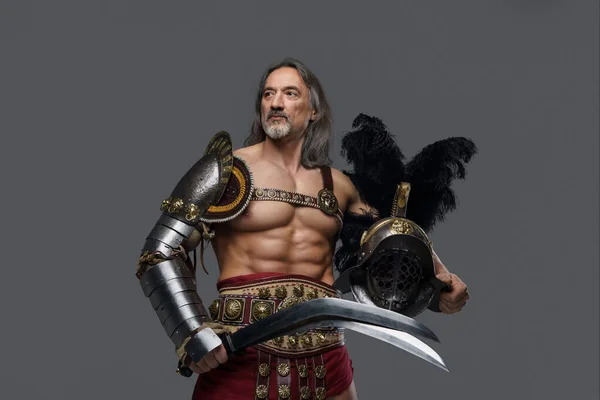 Regal Aged Gladiator Exudes Strength Dignity Sleek Lightweight Armor Holding — Stock Photo, Image