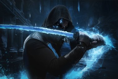 Gri arka planda, Katana 'nın dövüş duruşu ile buz katiliyle izole edilmiş bir çekim..