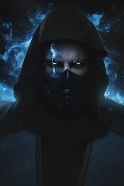 stock image Portrait of Ice ninja with scar dressed in costume with hood staring at camera.