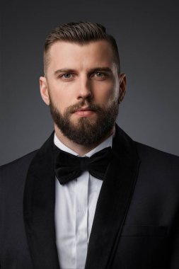 Şık ve çekici bir adamın yakın plan portresi, bakımlı sakallı, üst düzey siyah takım elbiseli ve papyonlu, gri bir arka planda güvenle poz veren
