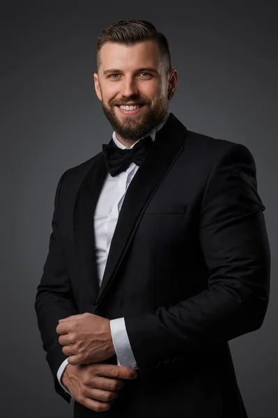 Charming Confident Man Groomed Beard Wearing Luxurious Black Suit Bowtie — Stock Photo, Image
