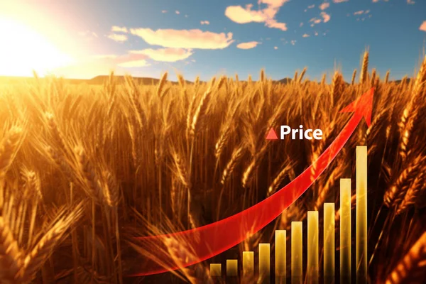 Krize Nárůst Cen Pšenice Snímek Pšeničných Polí Schématem Červenou Šipkou — Stock fotografie